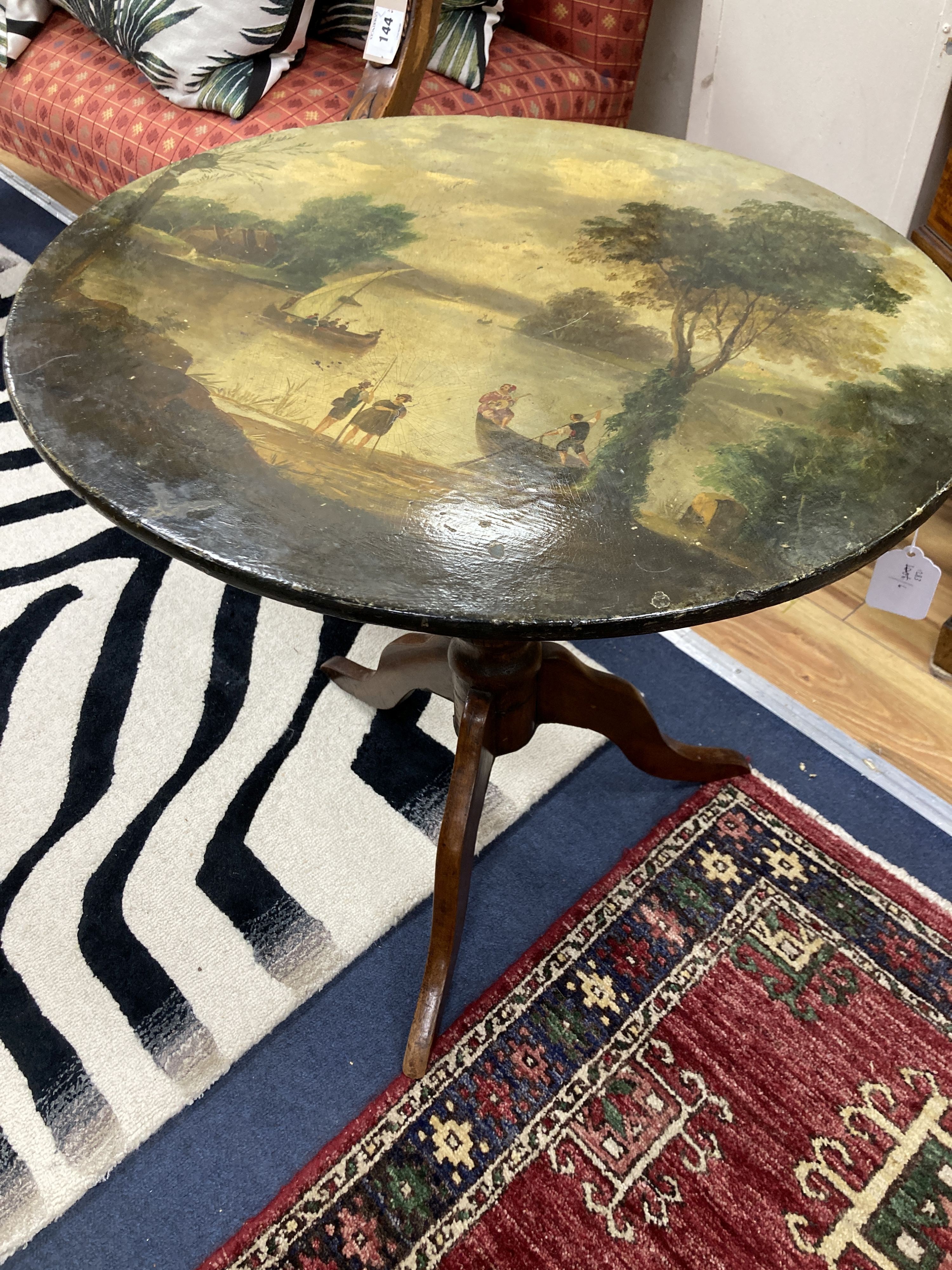 A Victorian and later painted papier mache circular tripod table on oak base. D-56, H-57cm.